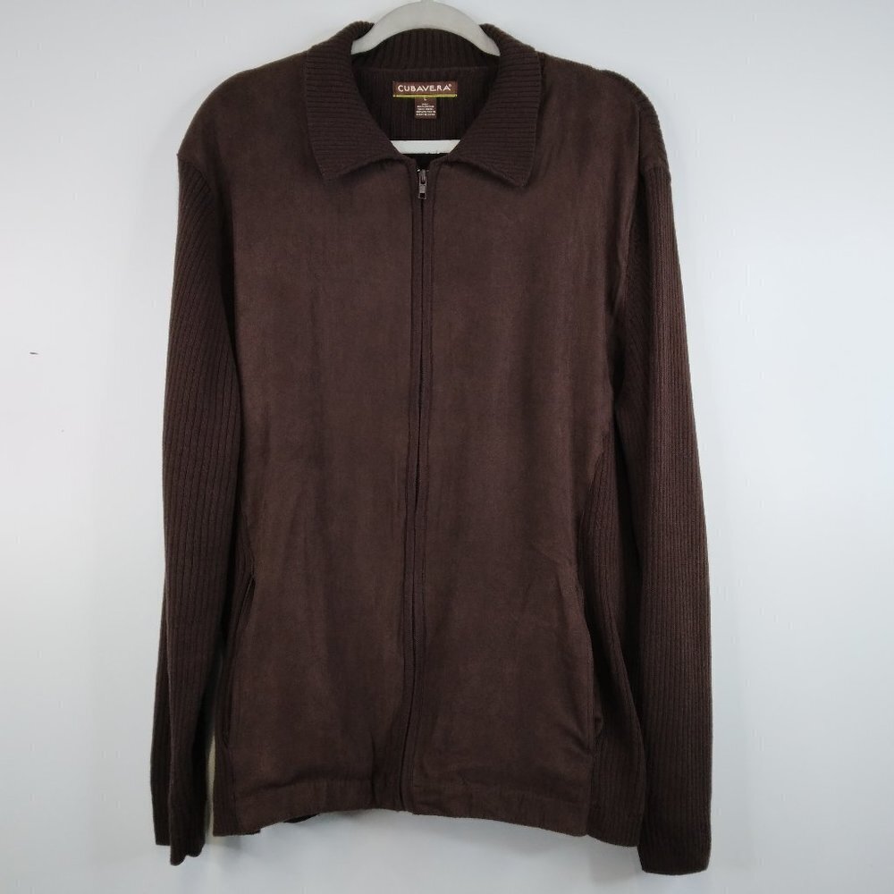 Cubavera Faux Suede Zip Up Knit Sweater Size L